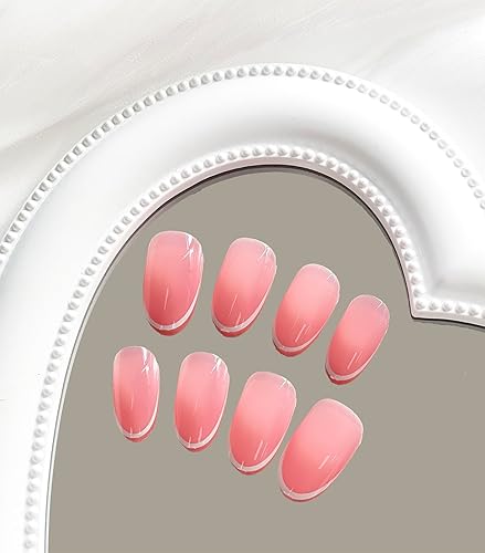 Miniatura 4 de Uñas postizas cortas redondas a presión, uñas postizas de punta francesa, color rosa, cobertura completa, con diseños de punta blanca, uñas postizas