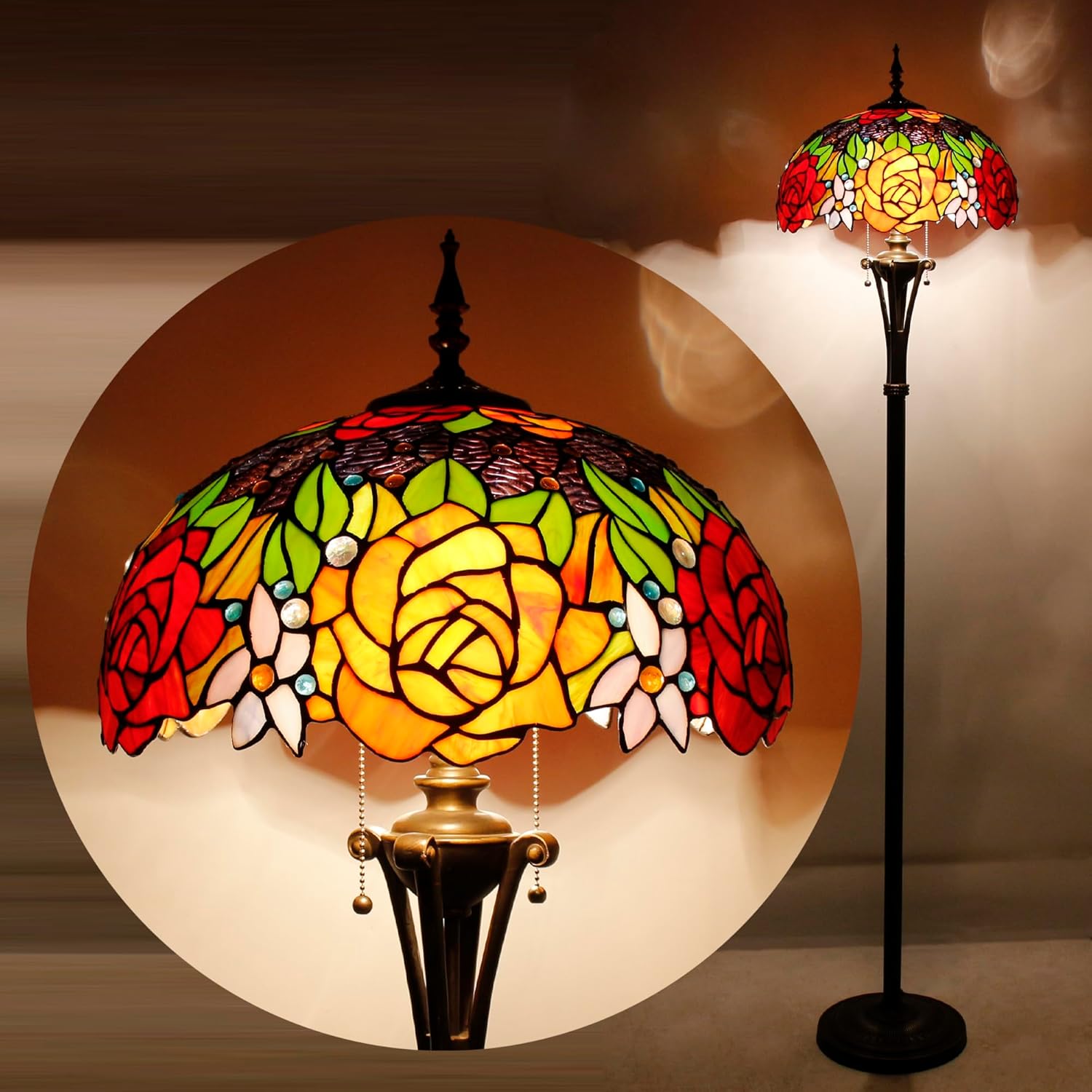 Tiffany Floor Lamp Red Yellow Rose Stained Glass Standing Reading Light 16X16X70 Inches Antique Pole Corner Lamp Decor Bedroom Office Living Room