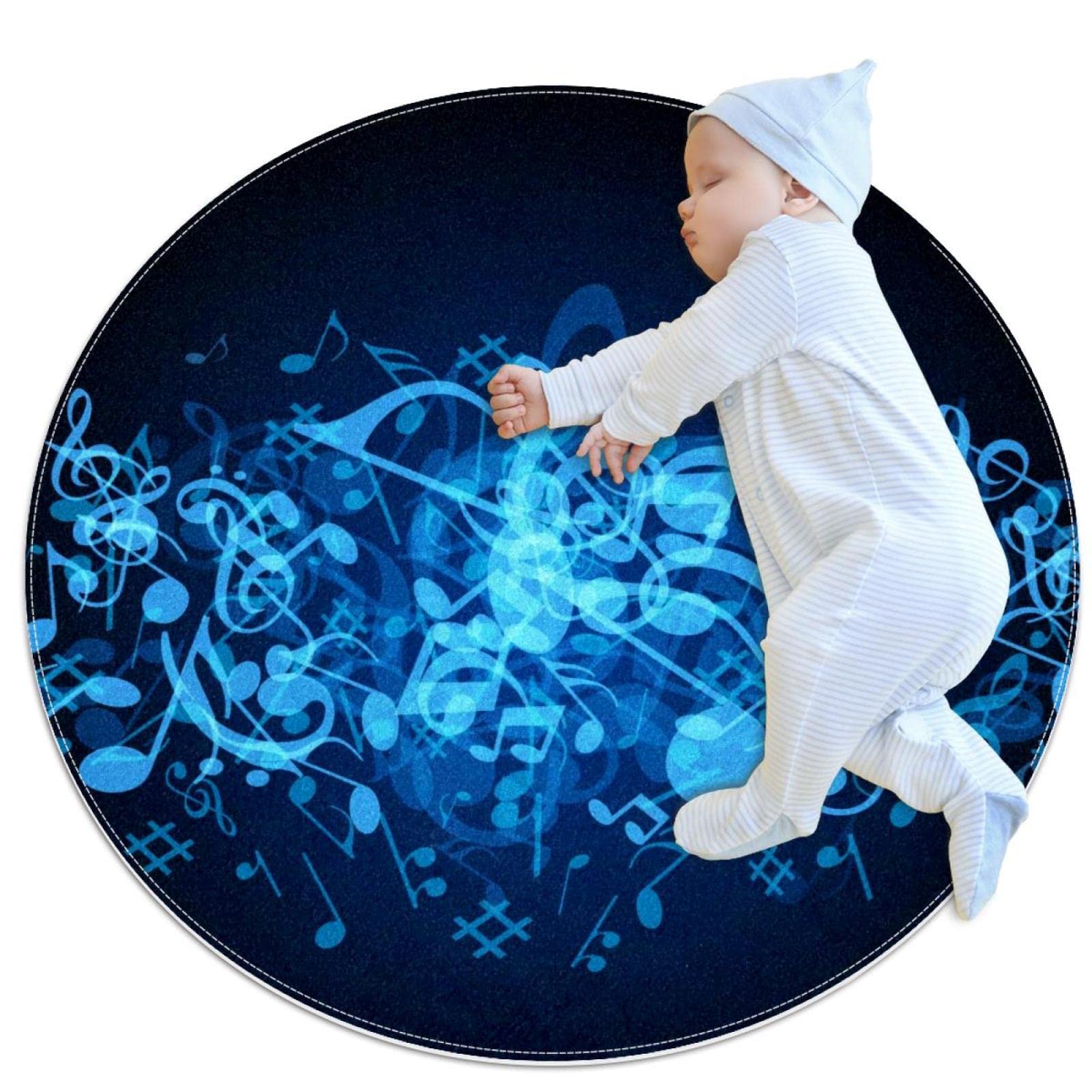 Tapis Note de Musique Bleue Rond 80x80cm pour Enfants JDEZ