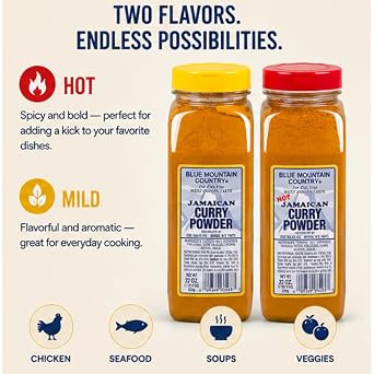 Blue Mountain Country Jamaican Curry Powder Duo Pack, 22 Ounce Each - Hot & Mild West Indian Curry Spice Blend Shakers - Authentic Caribbean Seasoning for Chicken, Meat, Seafood, Vegetables & Stews
