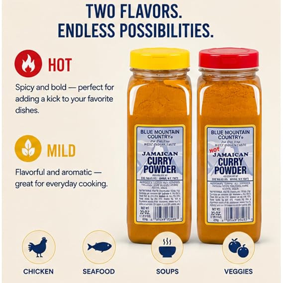 Blue Mountain Country Jamaican Curry Powder Duo Pack, 22 Ounce Each - Hot & Mild West Indian Curry Spice Blend Shakers - Authentic Caribbean Seasoning for Chicken, Meat, Seafood, Vegetables & Stews