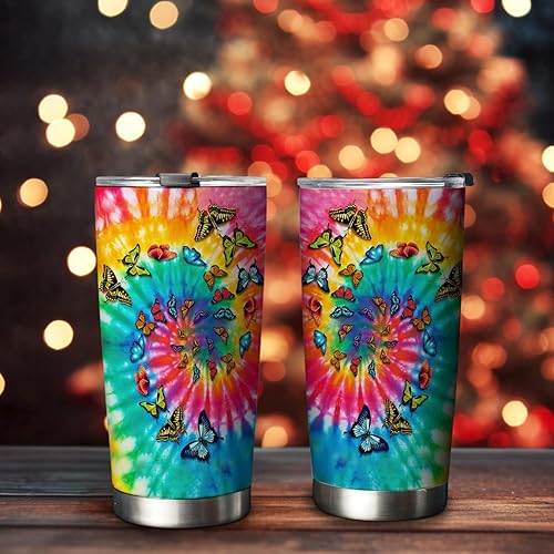 Miniatura 2 de Vaso de 20 onzas con diseño de mariposa teñido anudado colorido, regalos para amantes de las mariposas, termo de café para mujeres, taza de café de