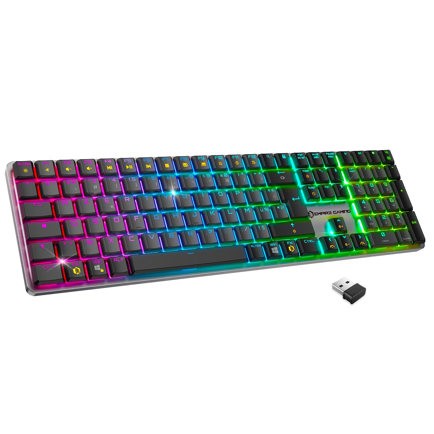 EMPIRE GAMING RF243 – Clavier Gaming Mécanique sans Fil Slim Low Profile en Aluminium,Rechargeable FR (AZERTY), Triple Mode (2,4GHz/BT/USB-C), 111 Touches MX Red, RGB, NKRO, Compatible PC/Mac/P5/P4/XB