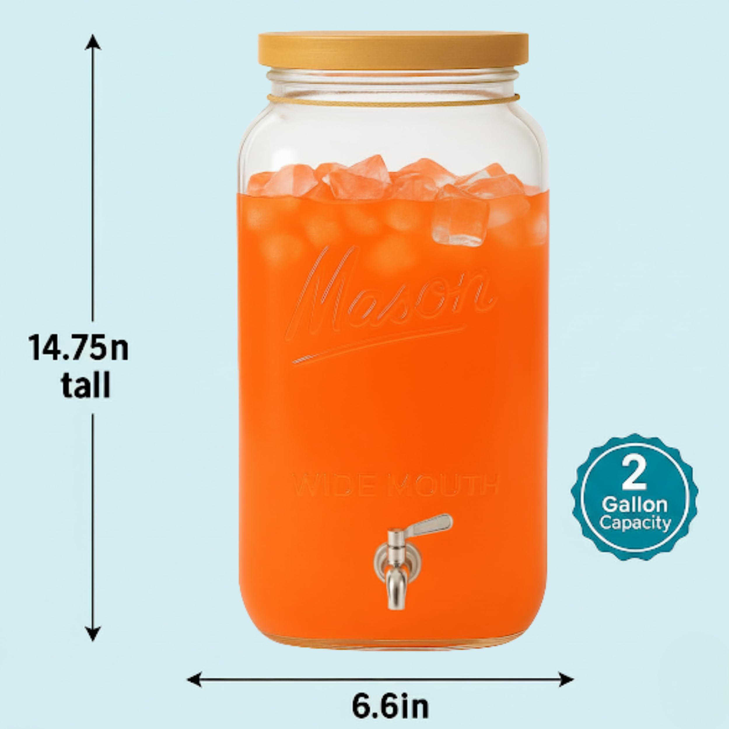 Kitchentoolz Getränkespender aus Glas mit Holzdeckel, groß, quadratisch, Einmachglas, Getränkebehälter mit Edelstahl-Zapfhahn, große Mengen Eistee, Limonade, Wasser oder Partygetränke