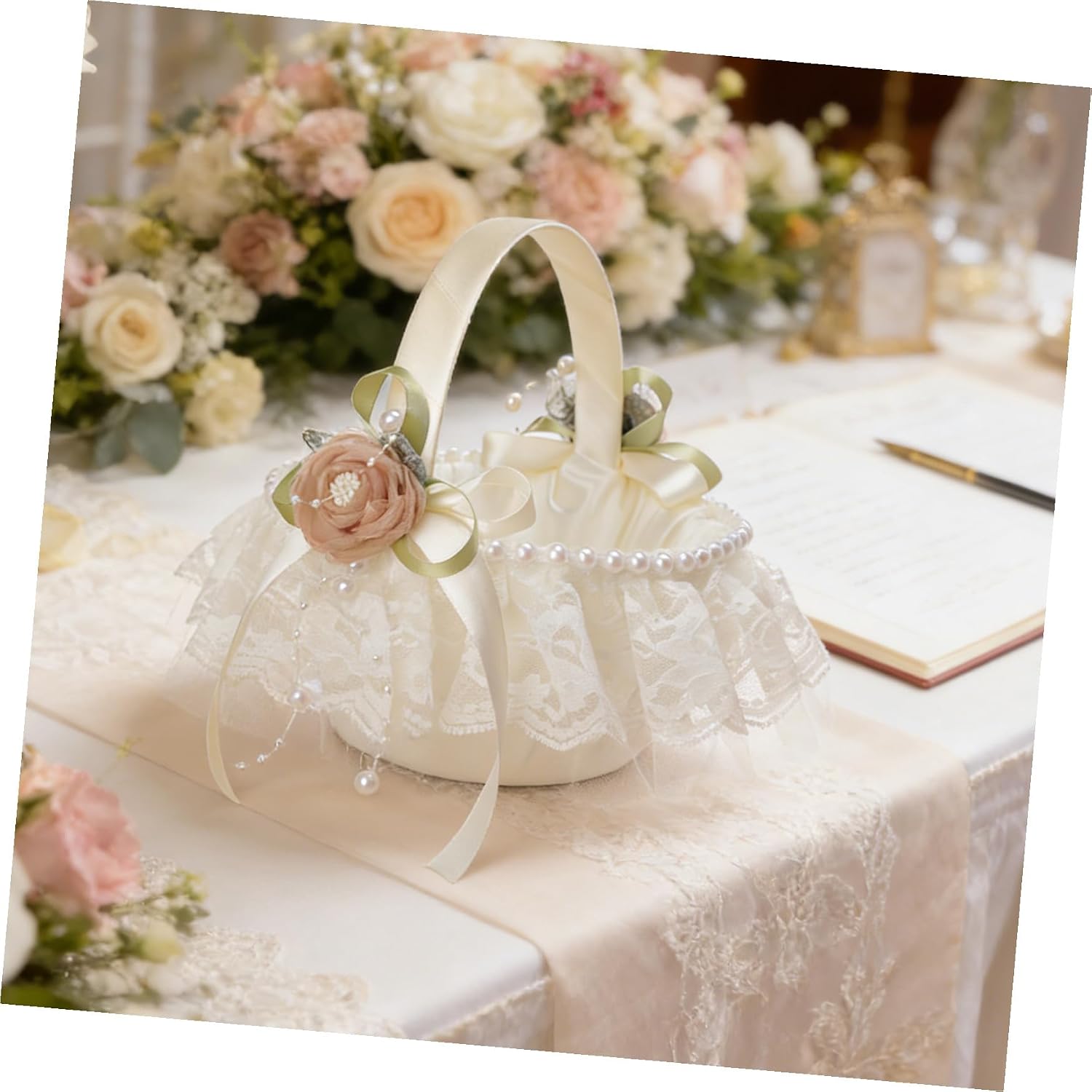 Flower Girl Basket with Pearls and Decorative Lace Handheld Wedding Flower Basket for Ceremony