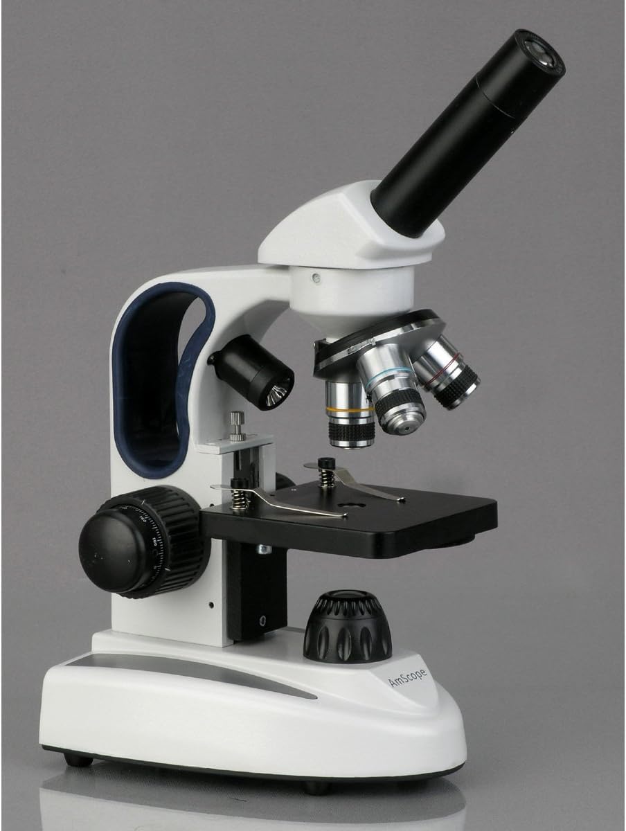 AmScope M149C-2L-E Digital Compound Monocular Microscope, WF10x and WF25x Eyepieces, 40x-1000x Magnification, Upper and Lower LED Illumination, Brightfield, Single-Lens Condenser, Plain Stage, 110V or Battery-Powered, Heavy-Duty Metal Frame, Includes 0.3MP Camera and Software