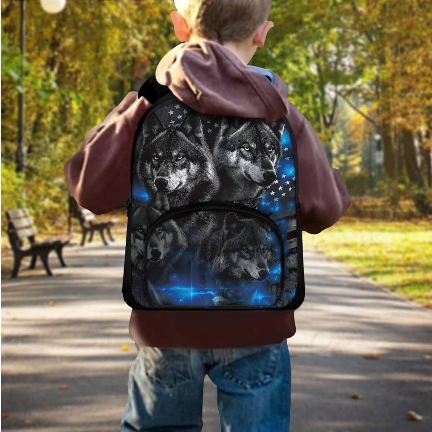 American Flag Wolf Backpack for Boys Toddler Backpack with Lunch Box and Big Pencil Case 3PCS Set Bookbag with Front Pocket for School 12" Lightweight School Bag for Kindergarten Kids Boys