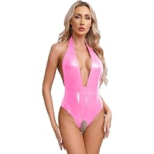 iiniim Sexy Open Crotch, Patent Leather, Sleeveless, Bodysuit, Exposed Big Breasts, High Legs, Leotard, Perforated, Halter Catsuit, Extreme, Glossy, Nightclub Wear, Pink