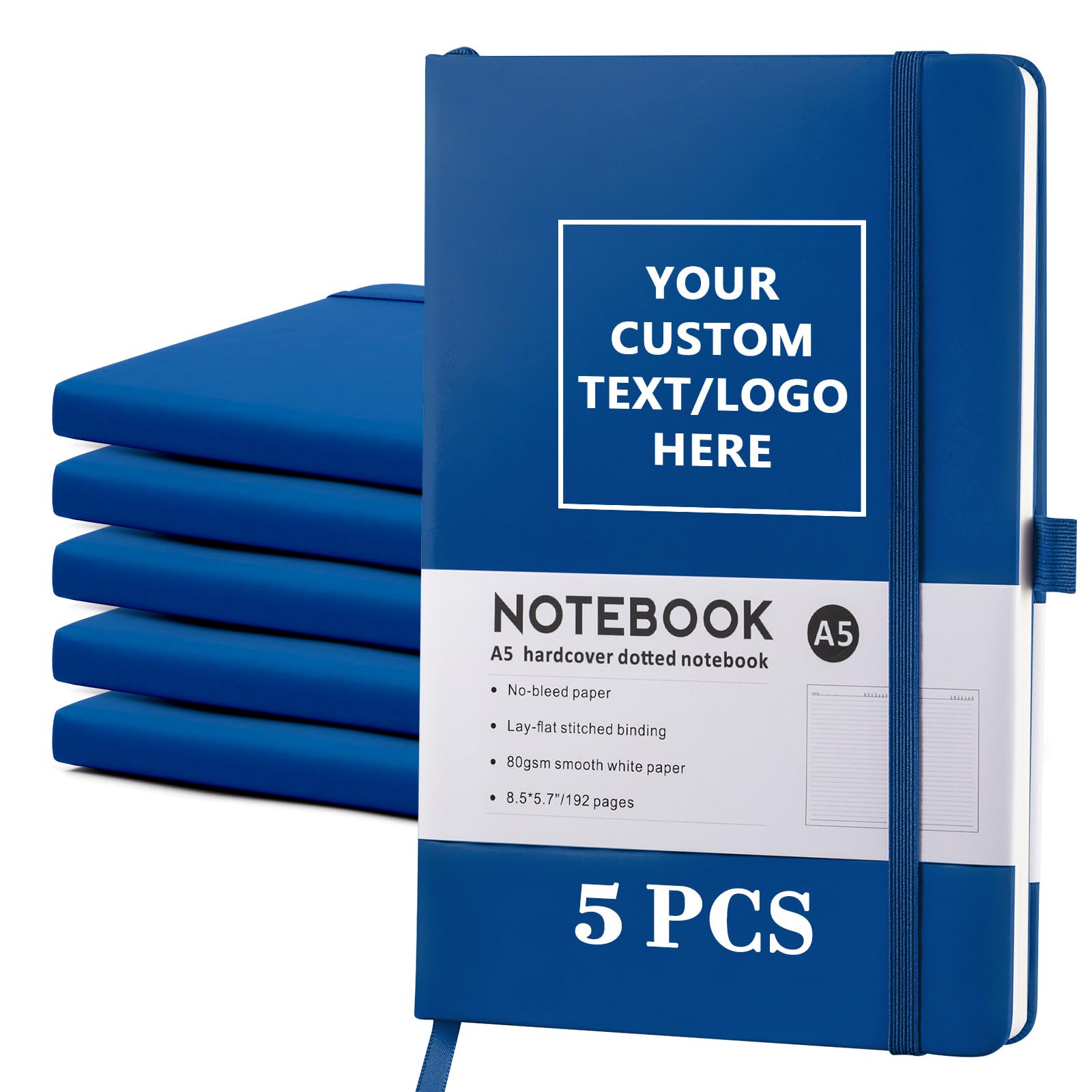 Vebermo Personalized Notebook-Can Engrave Logo/Text/Image, Customizable A5 Journal Notebook Daily Journals For Writing-192 Lined Pages 8.5 x 5.71 Inch,Deep Blue,5 pcs โ image 1
