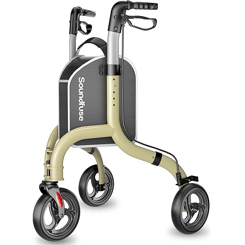 3 Wheel Walkers for Seniors, Lightweight Foldable Aluminum Rollator Walker, Height Adjustable Three Wheel Walker, Champagne