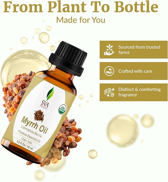 SVA Organic Myrrh Essential Oil in Glass Bottle, 1/3 Fl Oz (10 ml) | Organic Myrrh Oil for Skin Care, Face Care, Perfume Blends, Incense, Diffuser, Soap Making, Blending & DIY Beauty Projects
