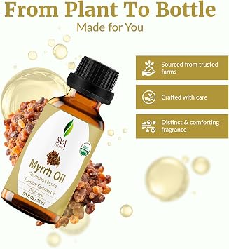 SVA Organic Myrrh Essential Oil in Glass Bottle, 1/3 Fl Oz (10 ml) | Organic Myrrh Oil for Skin Care, Face Care, Perfume Blends, Incense, Diffuser, Soap Making, Blending & DIY Beauty Projects