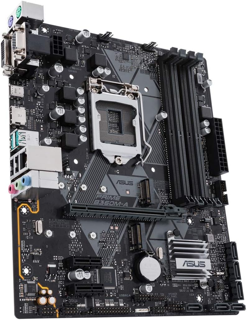 Angled view of ASUS B360M-A motherboard showing various components