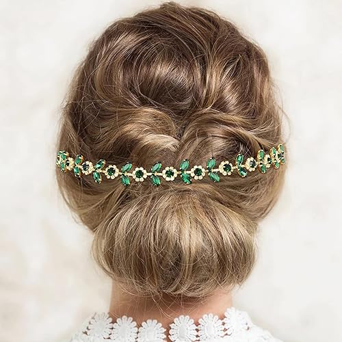 Miniatura 2 de Diadema de boda con diamantes de imitación de cristal verde, accesorios dorados para el cabello para novias y mujeres (verde)