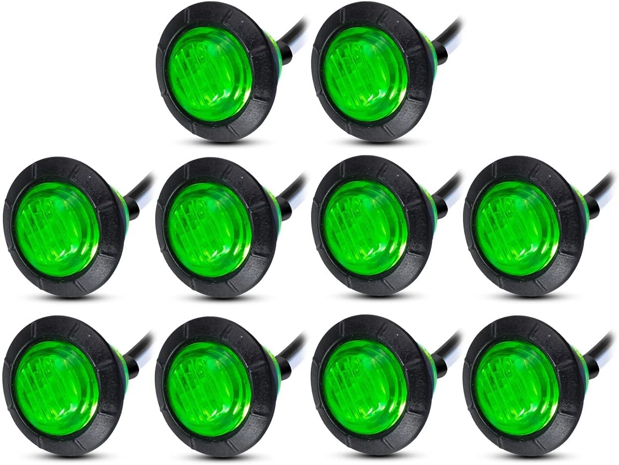 MADCATZ Meerkatt (Pack of 10) 3/4 Inch Mini Round Green LED Flush Mount Indicator Light Side Marker Clearance Lamp w/Grommets Universal Fit Truck Trailer Boat Pickup 12V DC