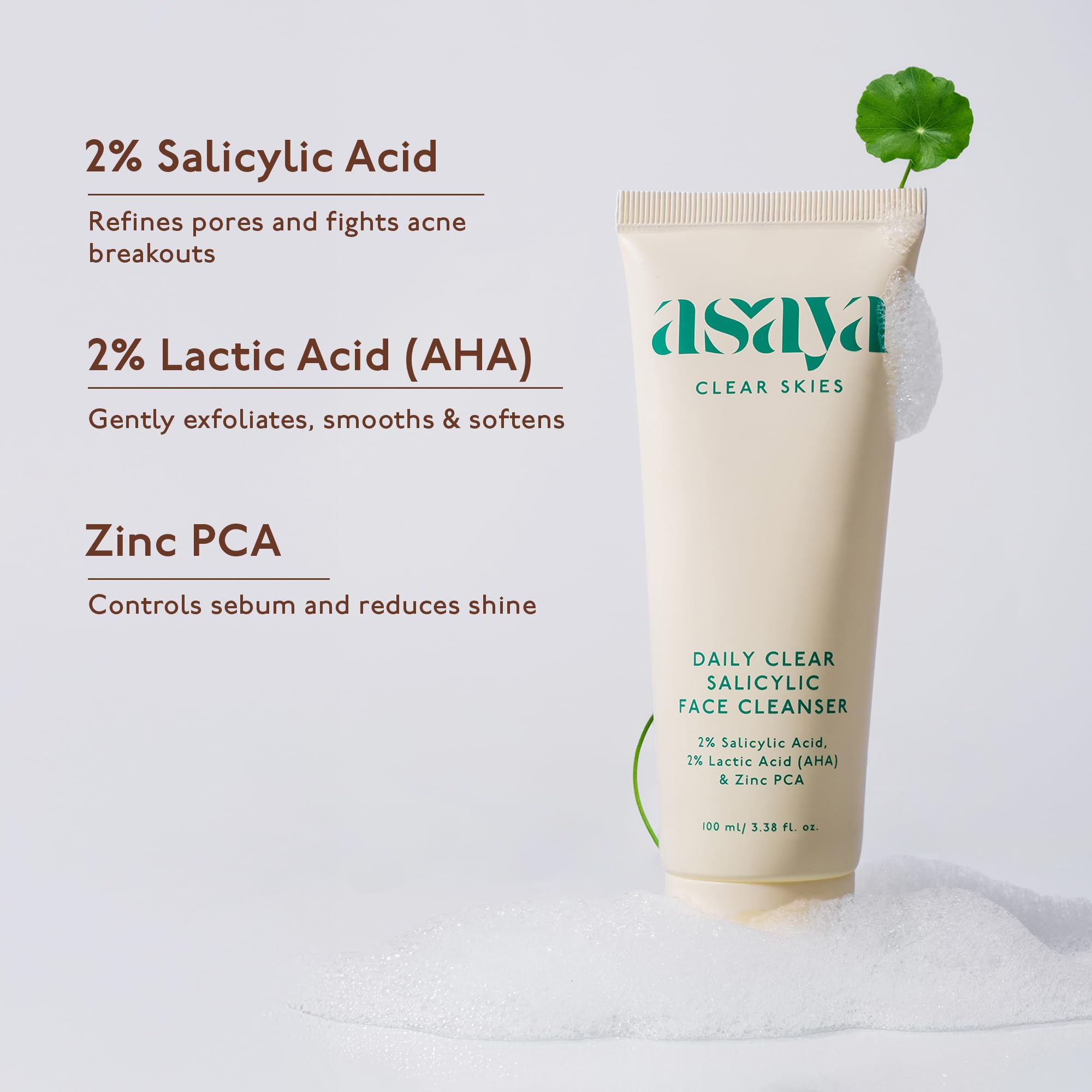 Asaya Daily Clear 2% Salicylic Acid Face Wash Cleanser I for Oily and Acne Prone Skin I With Lactic Acid & Zinc PCA I Treats Active Acne | Unclogs Pores | Controls Oil -100ml 1