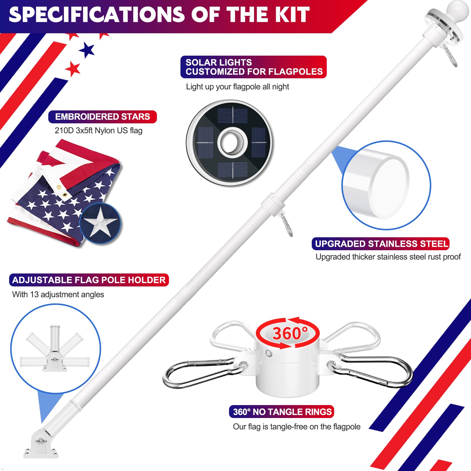 ZMTECH 2 Stück 152 cm weiße Fahnenmast-Set mit Solarlicht und stolzer amerikanischer Flagge, verstellbarer Halterung und verbessertem verwicklungsfreien Ring, 2,5 cm Edelstahl-Fahnenmast für Tag und