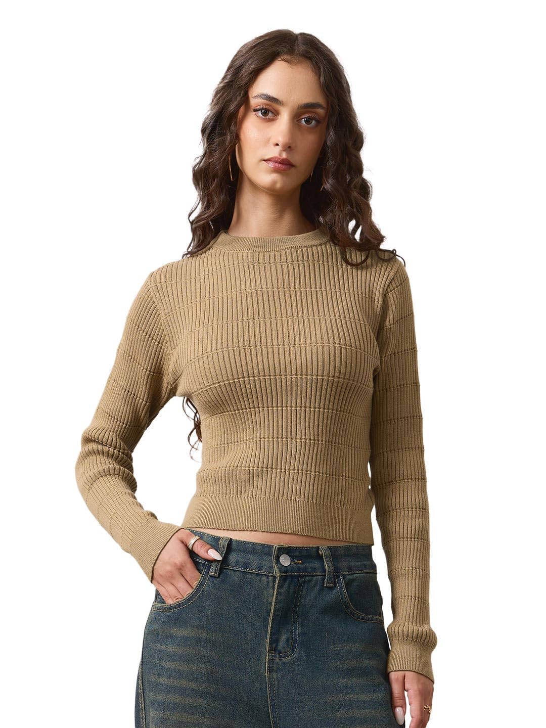 the souled store Textured Top: Tiramisu Women and Girls Long Sleeve Round Neck Brown Solid Cotton Slim Fit Breathable Lightweight Everyday Versatile Layering Comfortable Casual Knit Apparel Tops-picture-48
