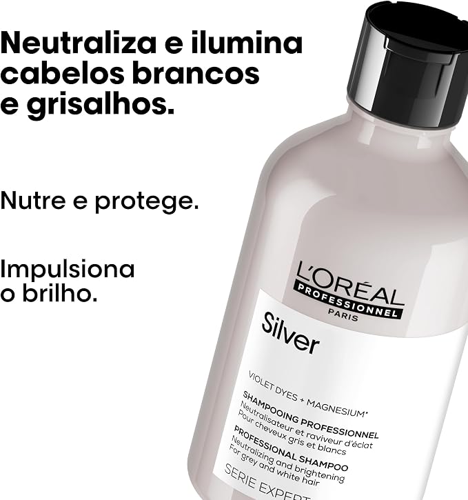 Frasco do shampoo Silver com texto destacando benefícios de neutralização e brilho