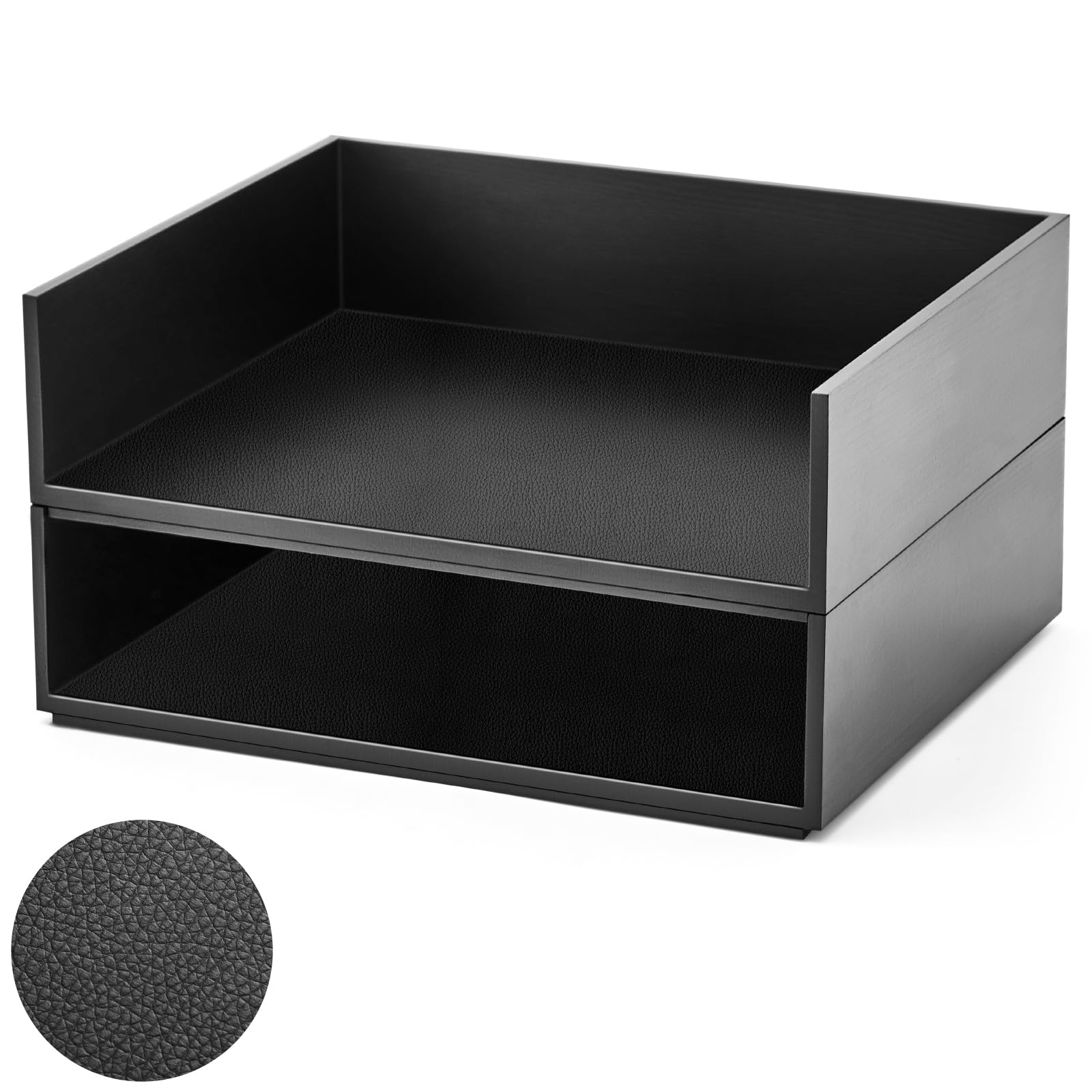 Yeaqee 2 Pcs Wooden Leather Stackable Letter Trays 13 x 10.6inch Luxurious Surface Desk Letter Tray Heavy Paper Inbox Mail Organizer for Office