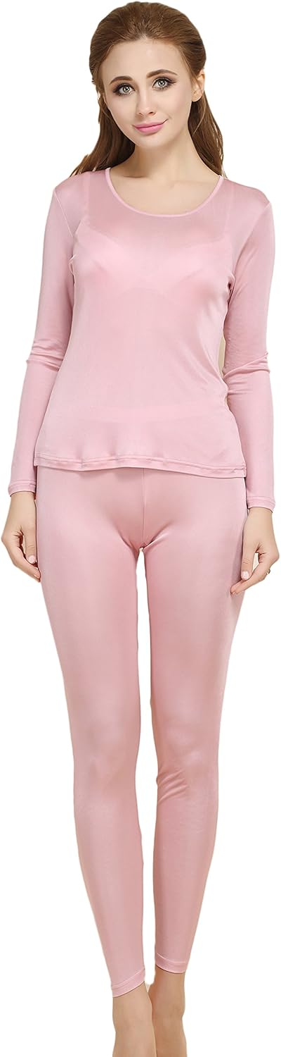 CLC Women's Pure Mulberry Silk Knitted Thermal Underwear Pajama Set