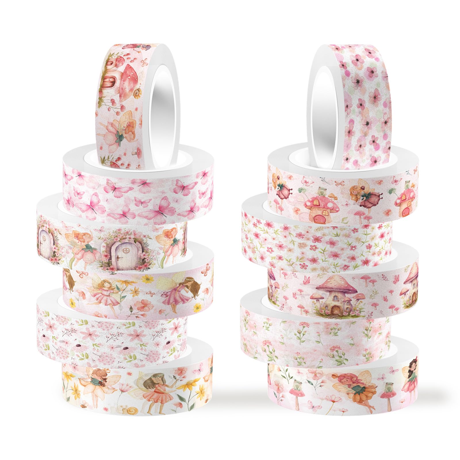 Resflyar 12 Rolls Fairy Washi Tape Set, Fairy Mushroom Butterfly Floral Decorative Tape, Pink Watercolor Masking Tapes for Scrapbooking Journaling