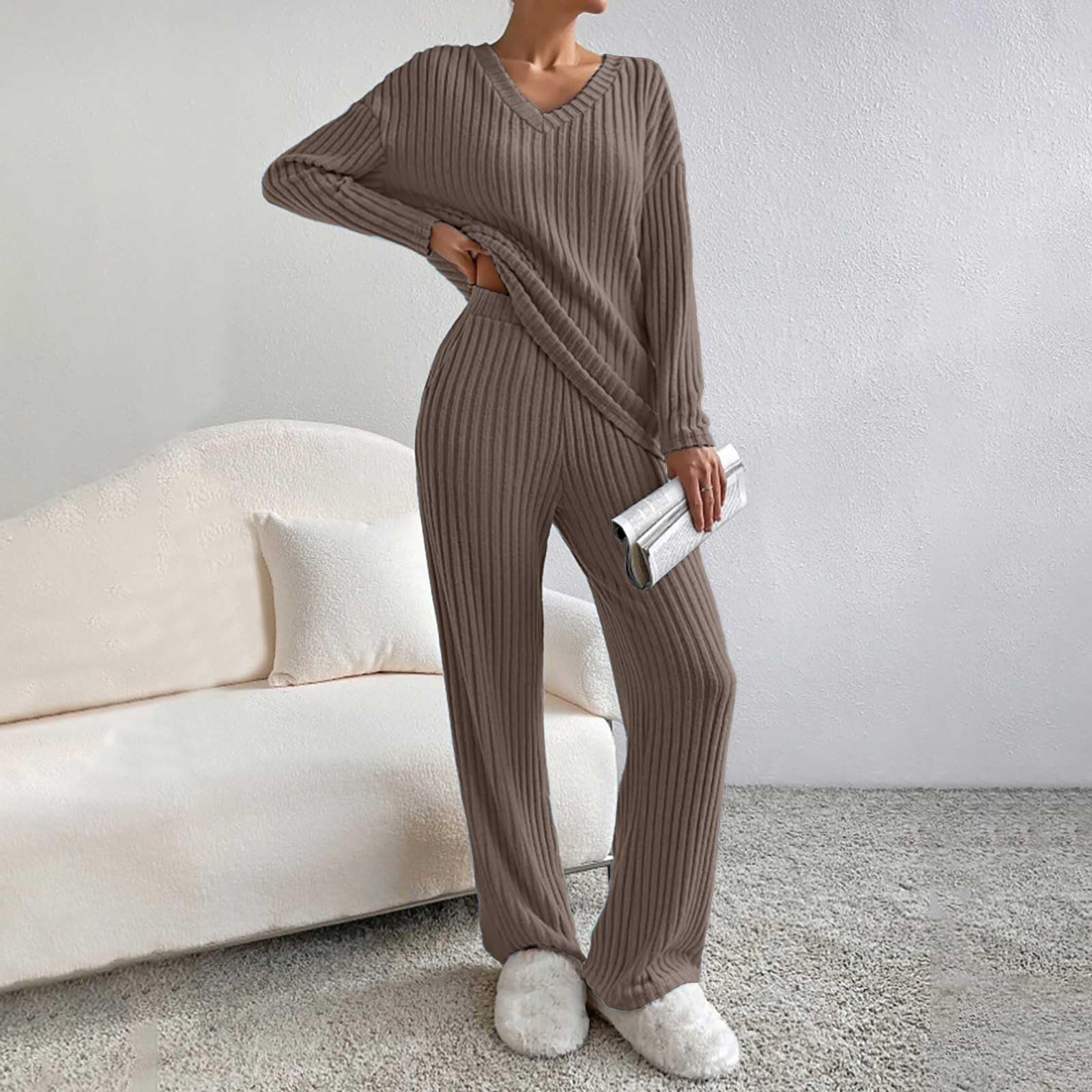Set da 2 pezzi, da donna, invernale, lavorato a maglia, elegante | Tuta da casa con scollo a V, a maniche lunghe, a costine, morbida, per il tempo libero, biancheria da notte