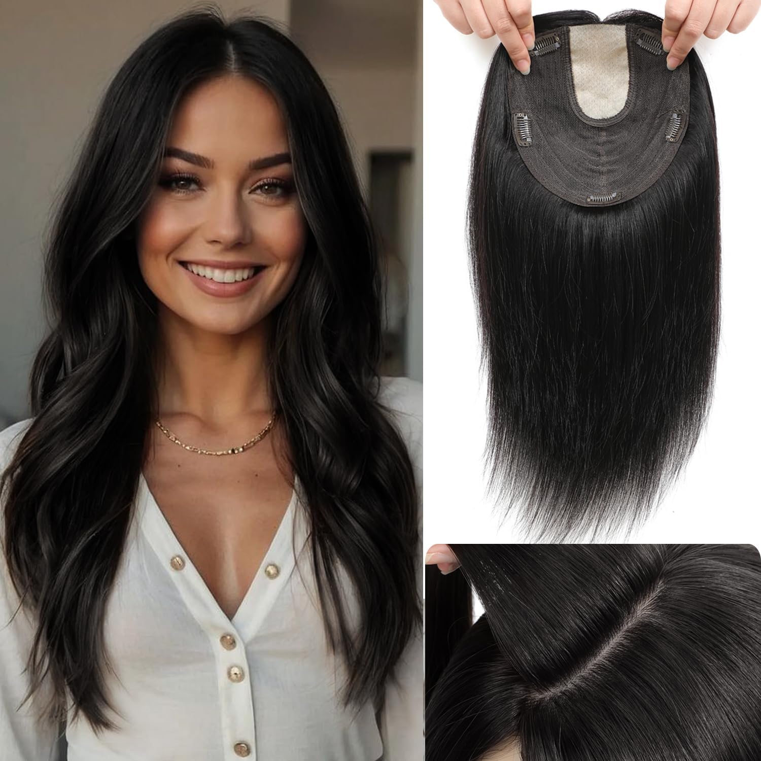 8.5x8inch Skin Scalp Hair Toppers for Women Real Human Hair Large Coverage Natural Black Human Hair Topper No Bangs Top Hair Pieces for Women with Thinning Hair
