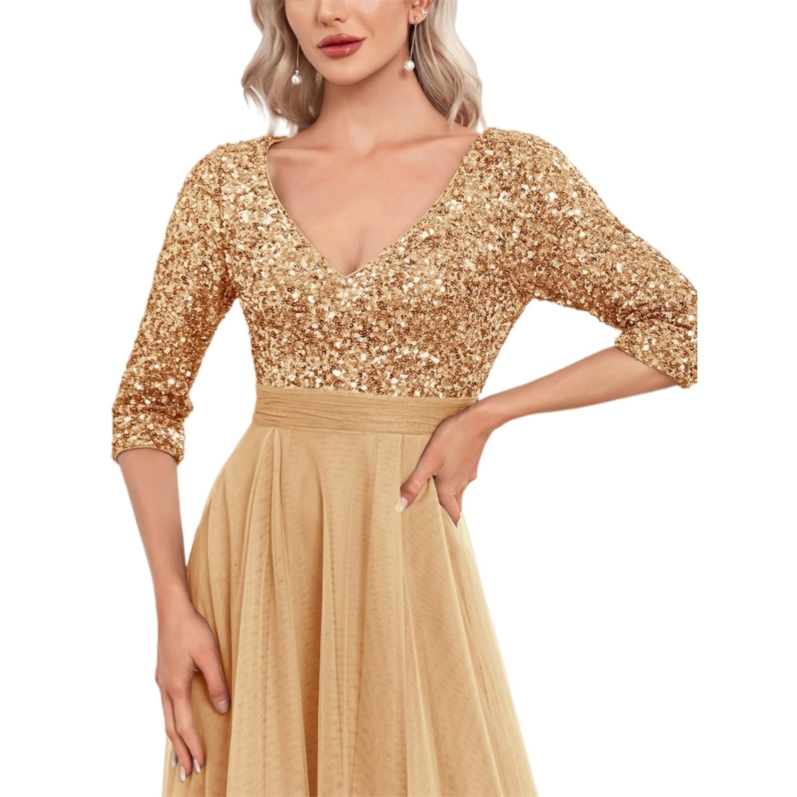 Vestito Donna Oro Paillette Maxi Abito, V Collo Tulle Splice Abito da Sera con Maniche Corte per Eventi di Nozze Festa-Gold-l