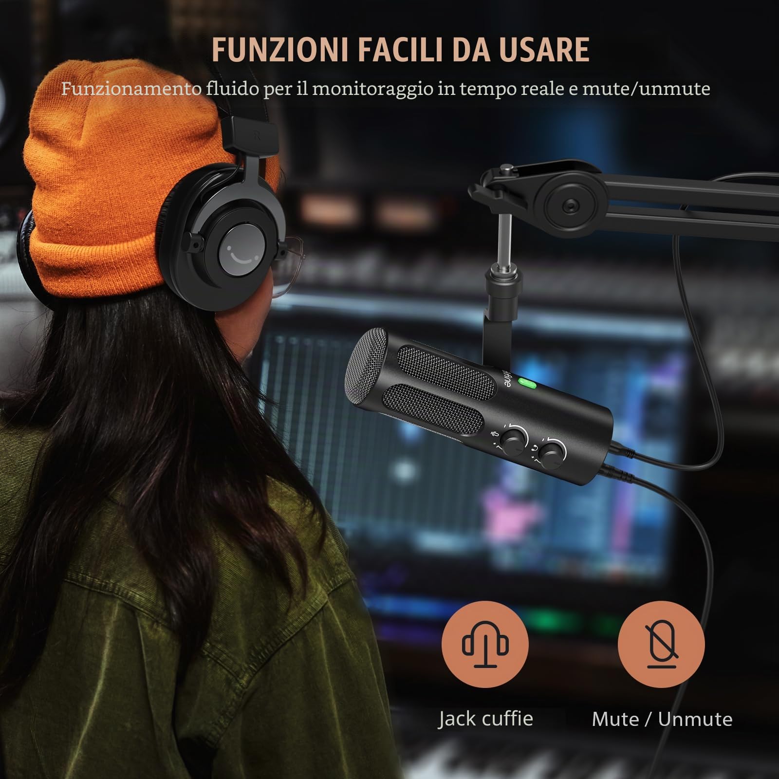 FIFINE Microfono XLR dinamico per registrazione in studio e podcast, trasmissione vocale, microfono XLR/USB in metallo con pulsante mute e jack per cuffie per mixer e PC