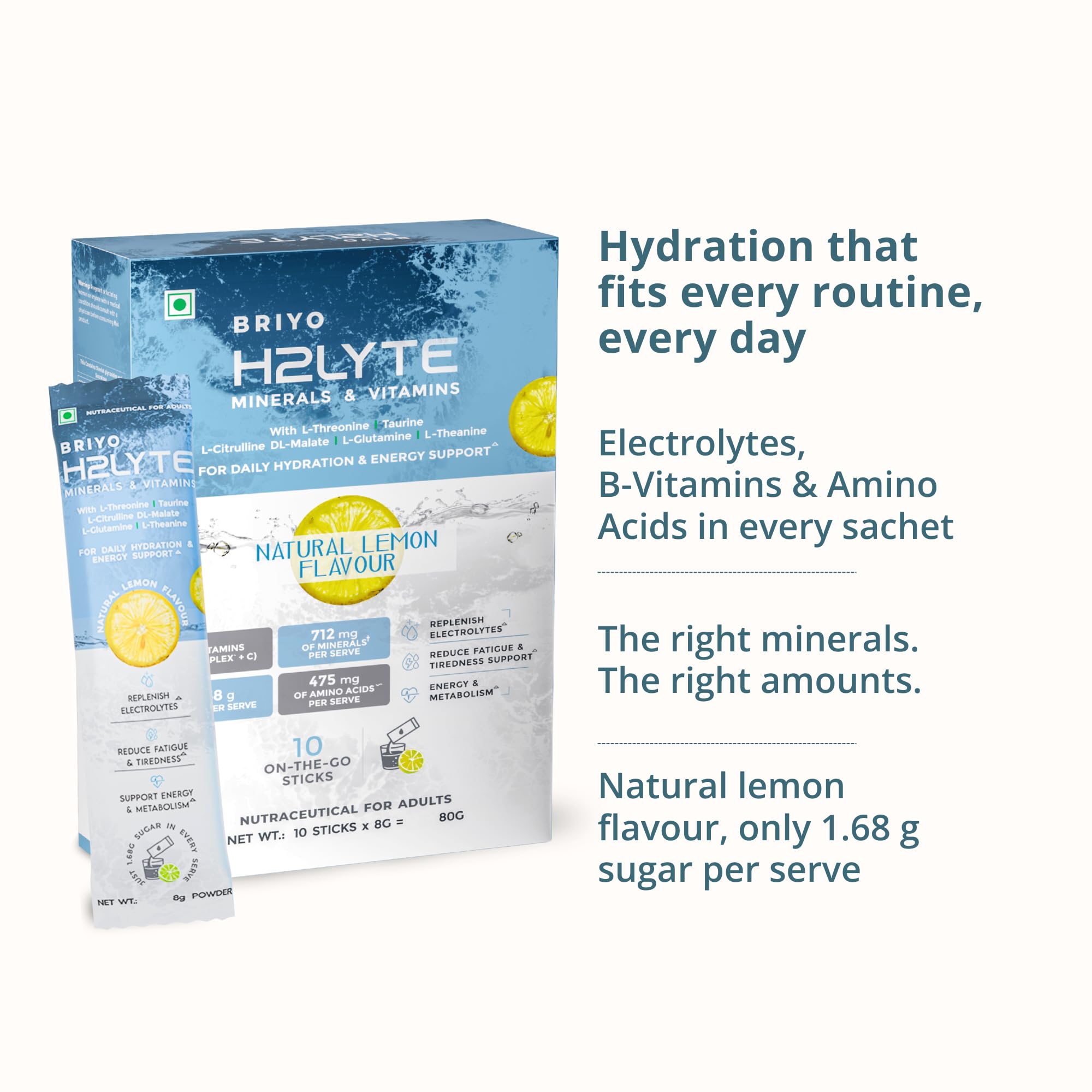 Briyo Electrolyte Drink H2lyte | Low Sugar Electrolyte Powder with 475 mg Amino Acid blend, Magnesium, Potassium & Sodium Electrolytes, B Vitamins & Vitamin C | Hydration & Energy Support Natural Lemon Flavour — Amazon image 6