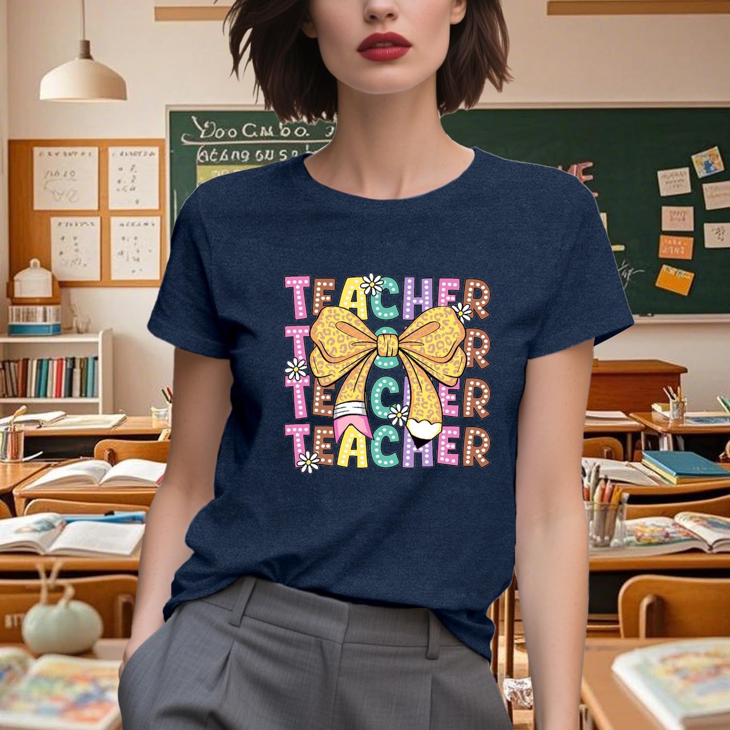 Teacher Shirts for Women Bow Pencil Teacher T-Shirt Teaching Life Tee Tops - Image 4