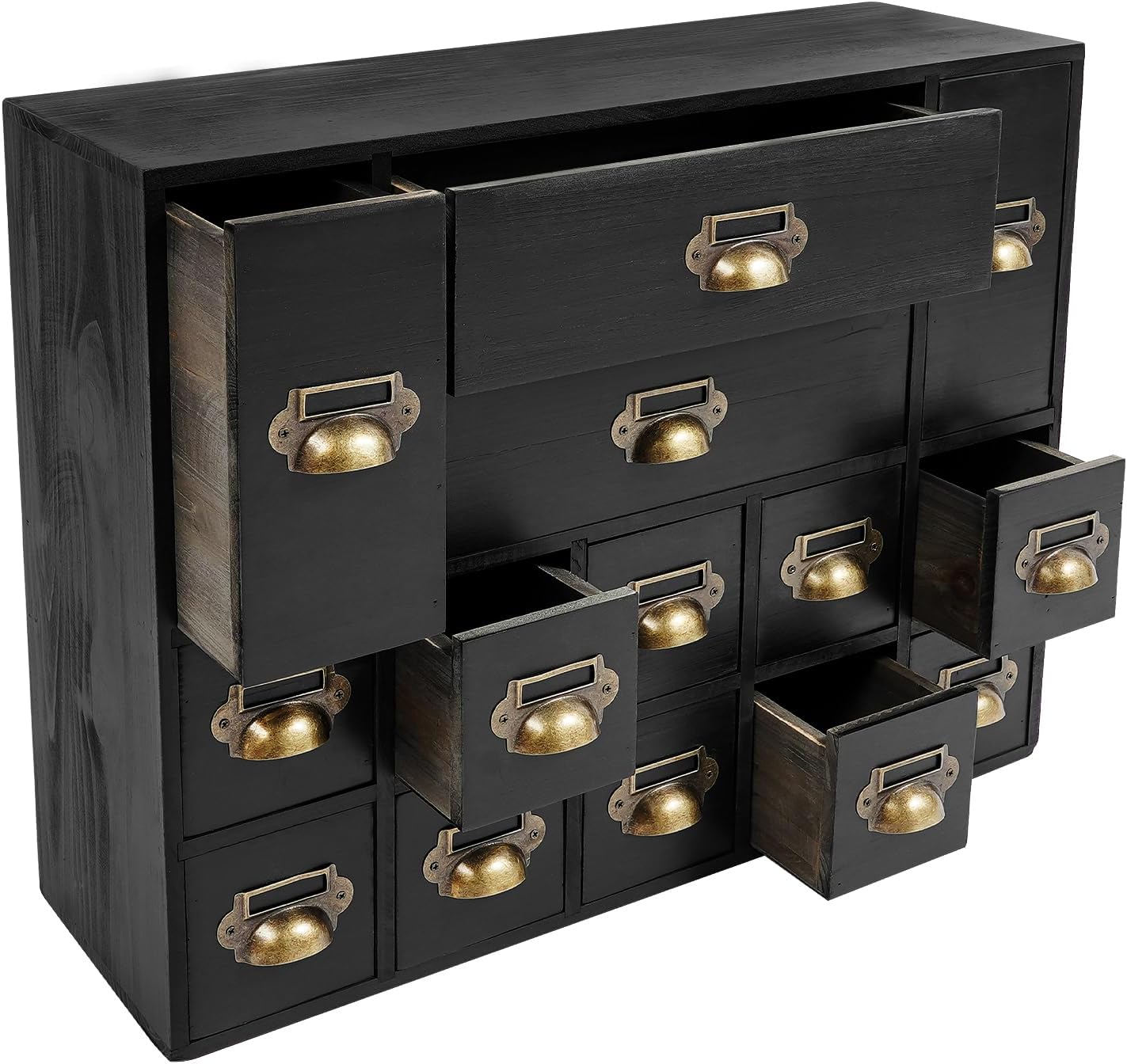 14 Drawers Apothecary Cabinet Wooden Storage Box Library Card Cabinet Medicine Organizer Curio Cabinet, Home Office Organization and Storage Desktop Drawer Organizer (Black)