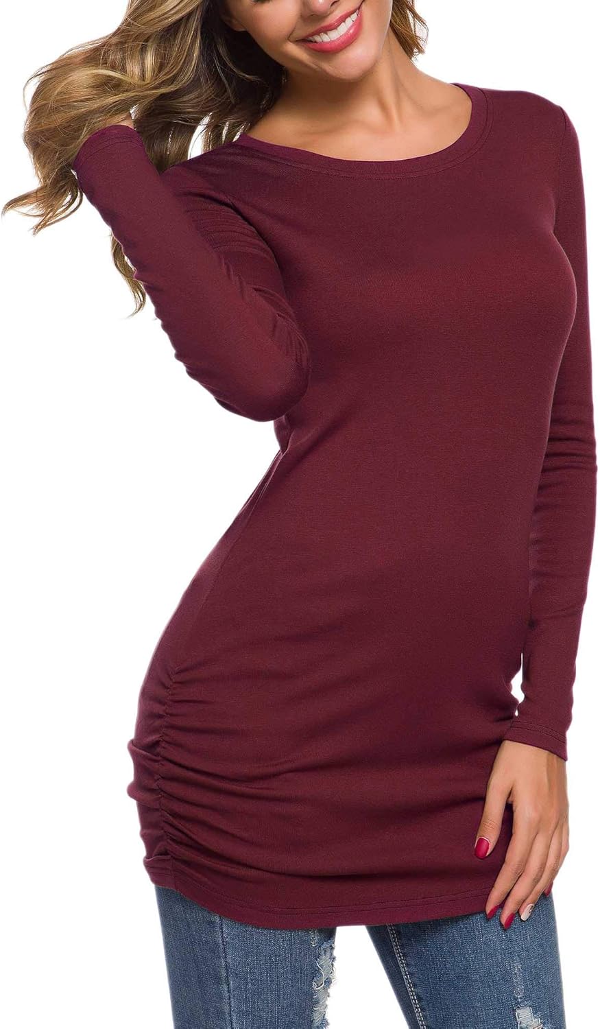 TORARY Women's 2025 Casual Long Sleeves Slim Fit Crew Neck Ruched Tunic Top T-Shirt Dress - Image 4