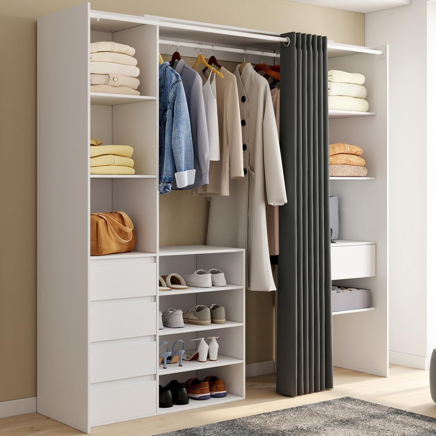 IDMarket - Vestidor extensible doble XXL MERYL 120/180 cm blanco con cajones + estantes + armario + cortina gris