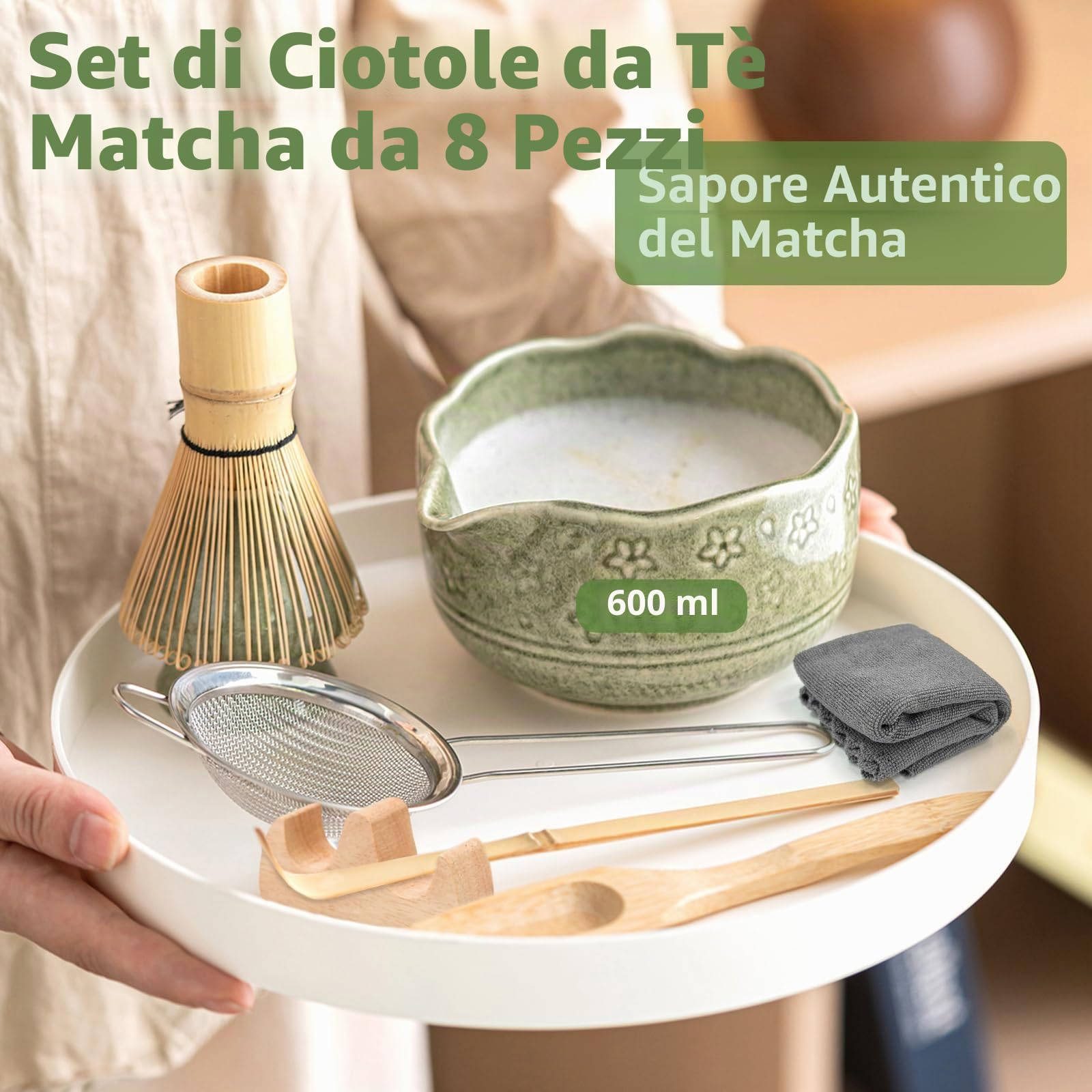 8 Pezzi Matcha Kit, Giapponese Matcha Set, Completo Con Frusta-Matchas in Bambù,Cucchiaio Ciotola E Supporto,Ceramica Macha Tea Kit,Per La Preparazione Del Tè Matchas-Gli Amanti Della Cultura