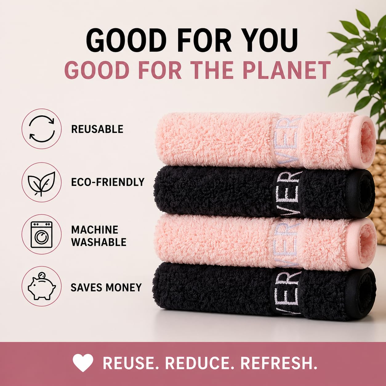 Reusable Makeup Remover Cloths, Microfiber Face Towels, 12 x 12 Inch, Washable & Eco-Friendly, (Pink & Black)