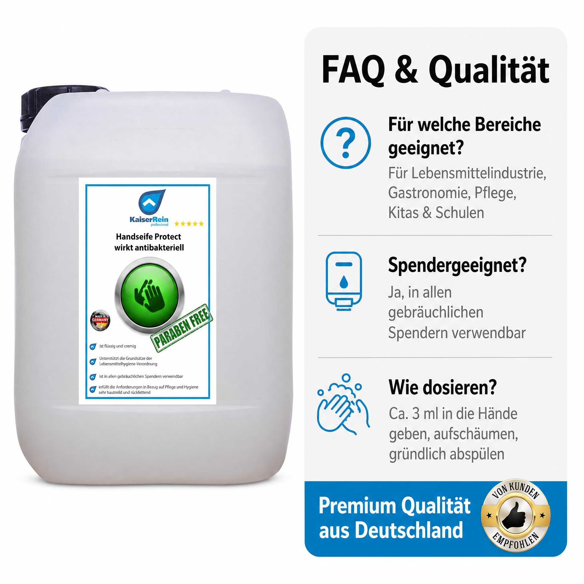 KaiserRein Handseife Protect, Flüssigseife 10 L Kanister, antibakterielle Wirkung, parabenfrei, hautmild & rückfettend, Nachfüllseife für Spender, Made in Germany