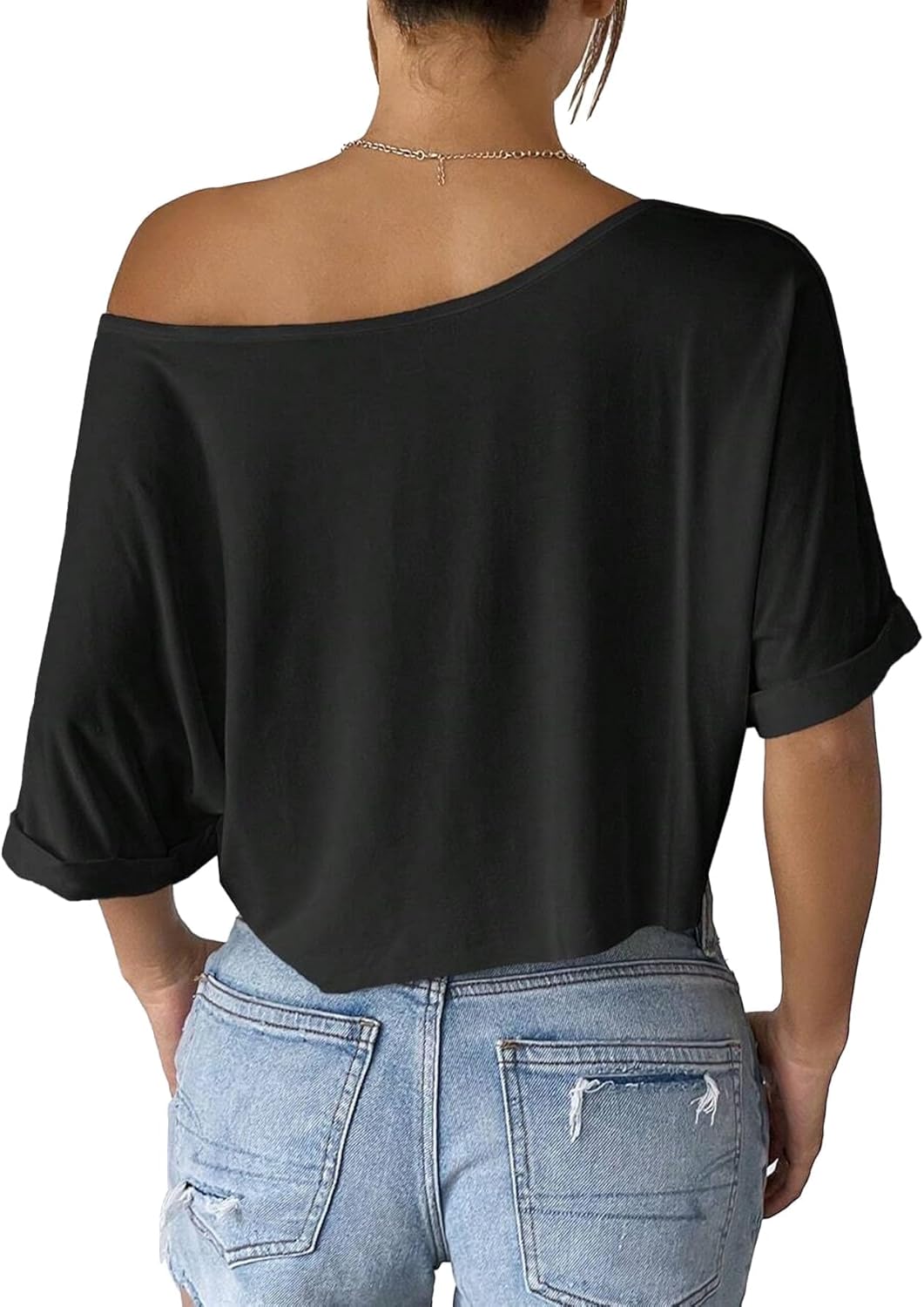 SOFIA'S CHOICE Women's Off Shoulder Crop Tops Loose Boat Neck Short Sleeve T Shirt - Image 2