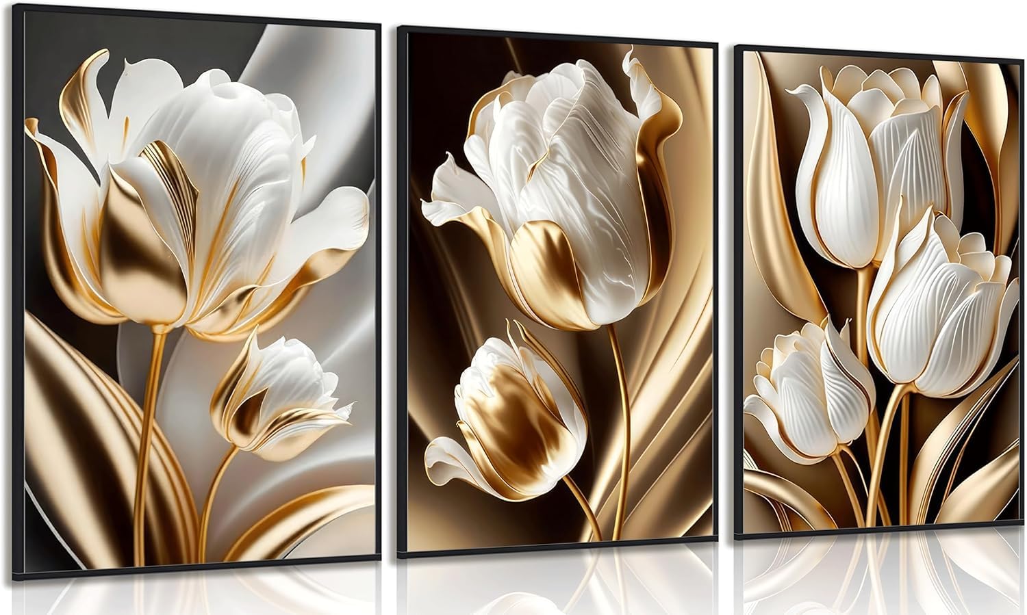 Lianyibo Frameless 3Pcs Abstract White Gold Floral Wall Art Modern Minimalism Tulip Plants Posters Prints Artwork For Living Room Decor(40X60x3/Frameless)
