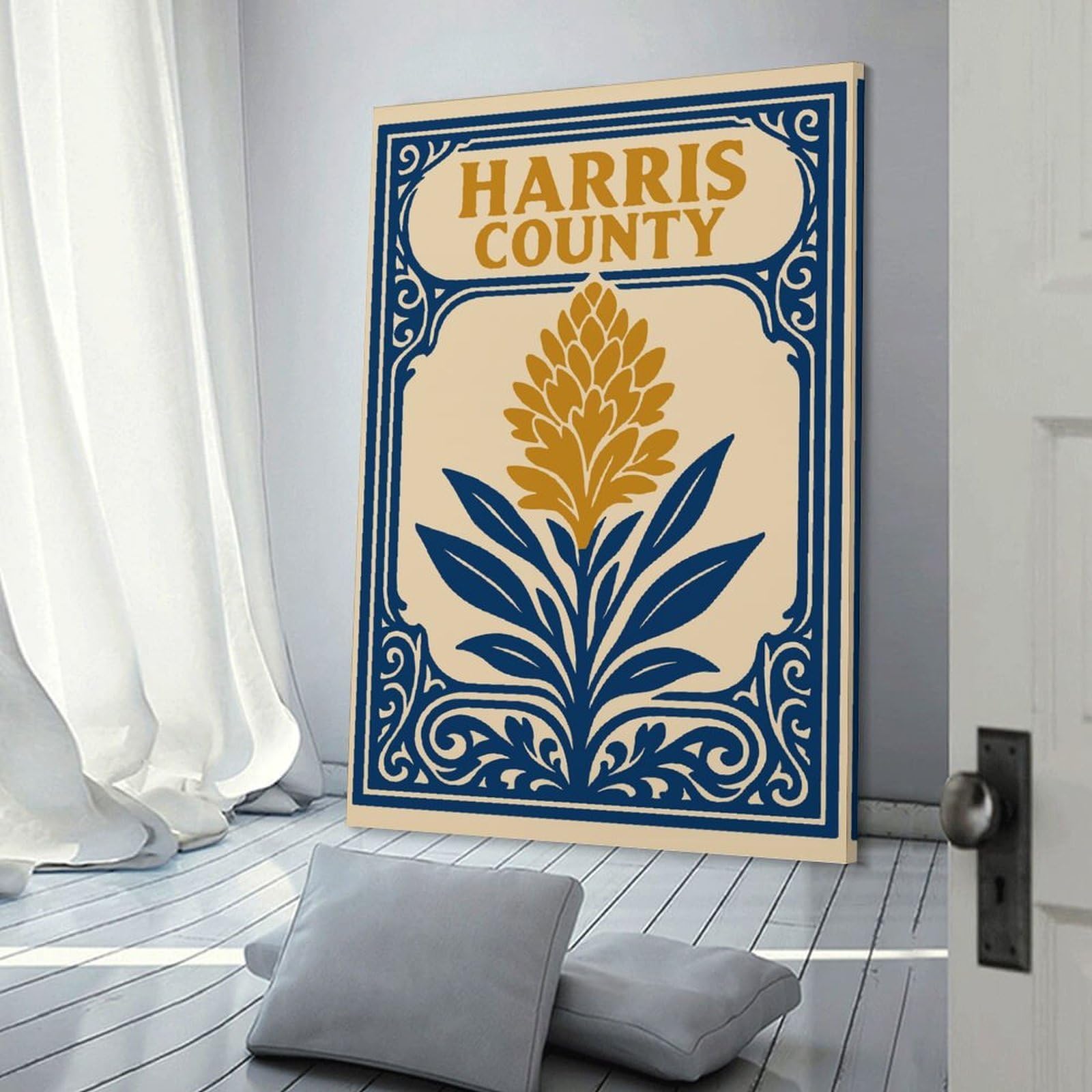 Junmoney Harris County Floral Emblem Canvas Wall Art, 20x30inch(50x75cm), for Wall Displays, Bedrooms Or Room Updates, Ideal for Building A Coordinated Art Wall