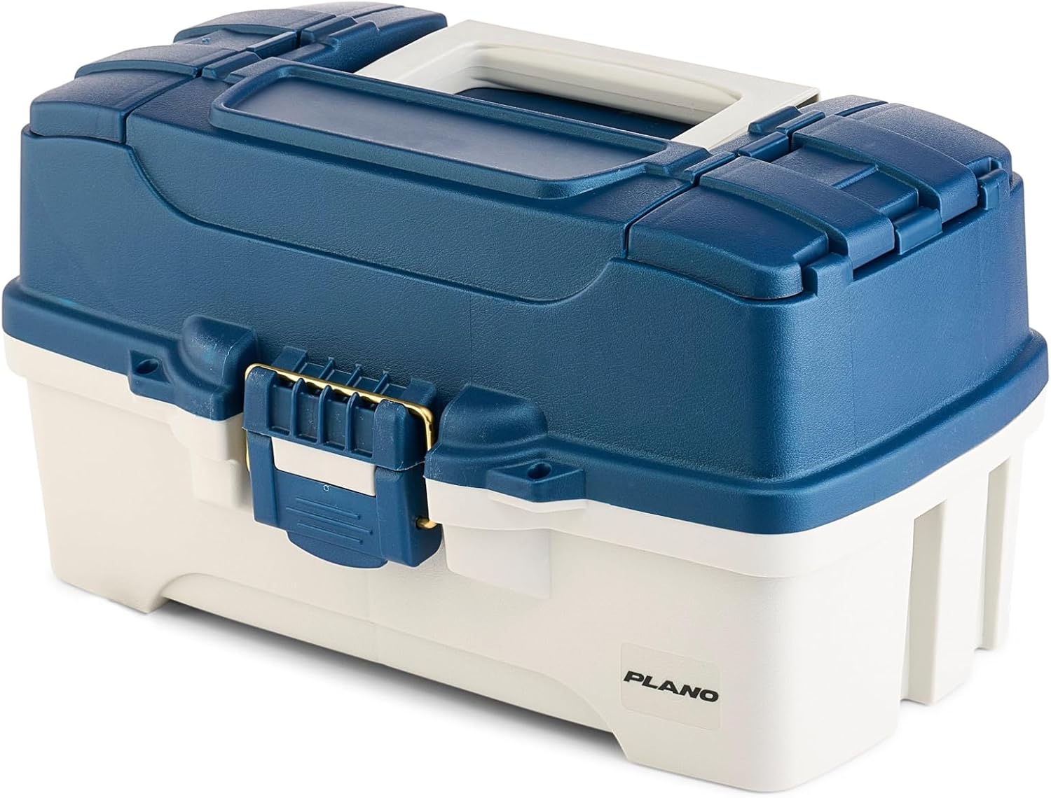 Plano Three-Tray Tackle Box, Blue/White, Rust-Proof Brass Latch, Top-Access Tray with Deep Storage, Made in the USA, Portable Fishing Gear Storage Organizer
