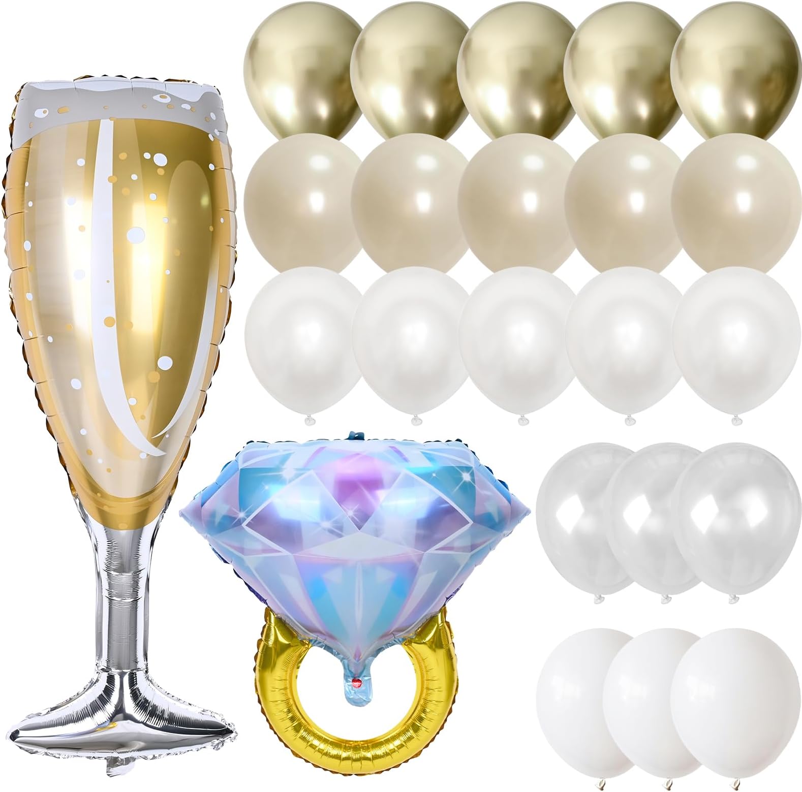 White Gold Balloons with 37inch Foil Diamond Ring Champagne Glass Balloons, Metallic Gold Pearl Sand White Clear Balloon for Wedding Engagement Bridal Baby Shower Anniversary Birthday Decorations