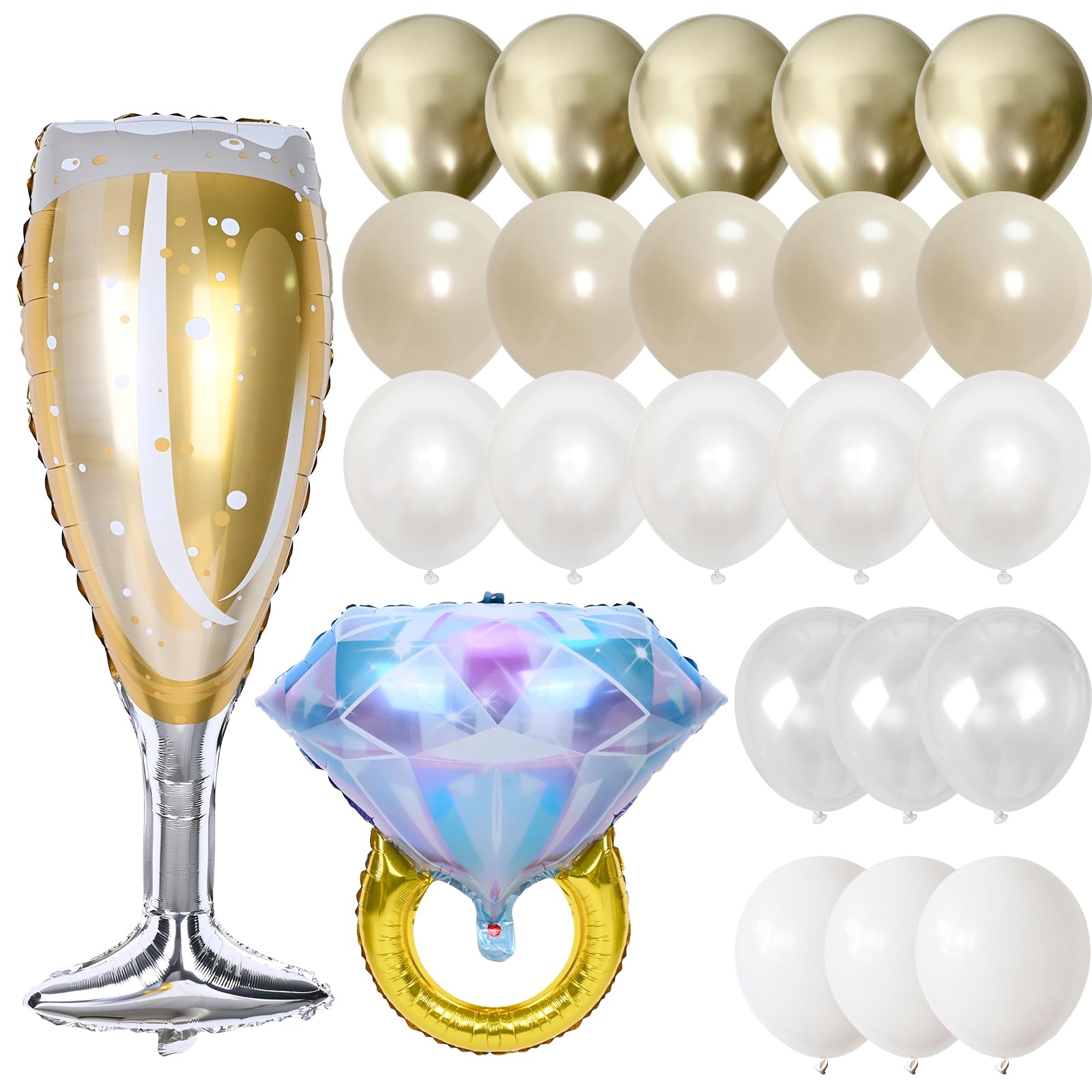 White Gold Balloons with 37inch Foil Diamond Ring Champagne Glass Balloons, Metallic Gold Pearl Sand White Clear Balloon for Wedding Engagement Bridal Baby Shower Anniversary Birthday Decorations