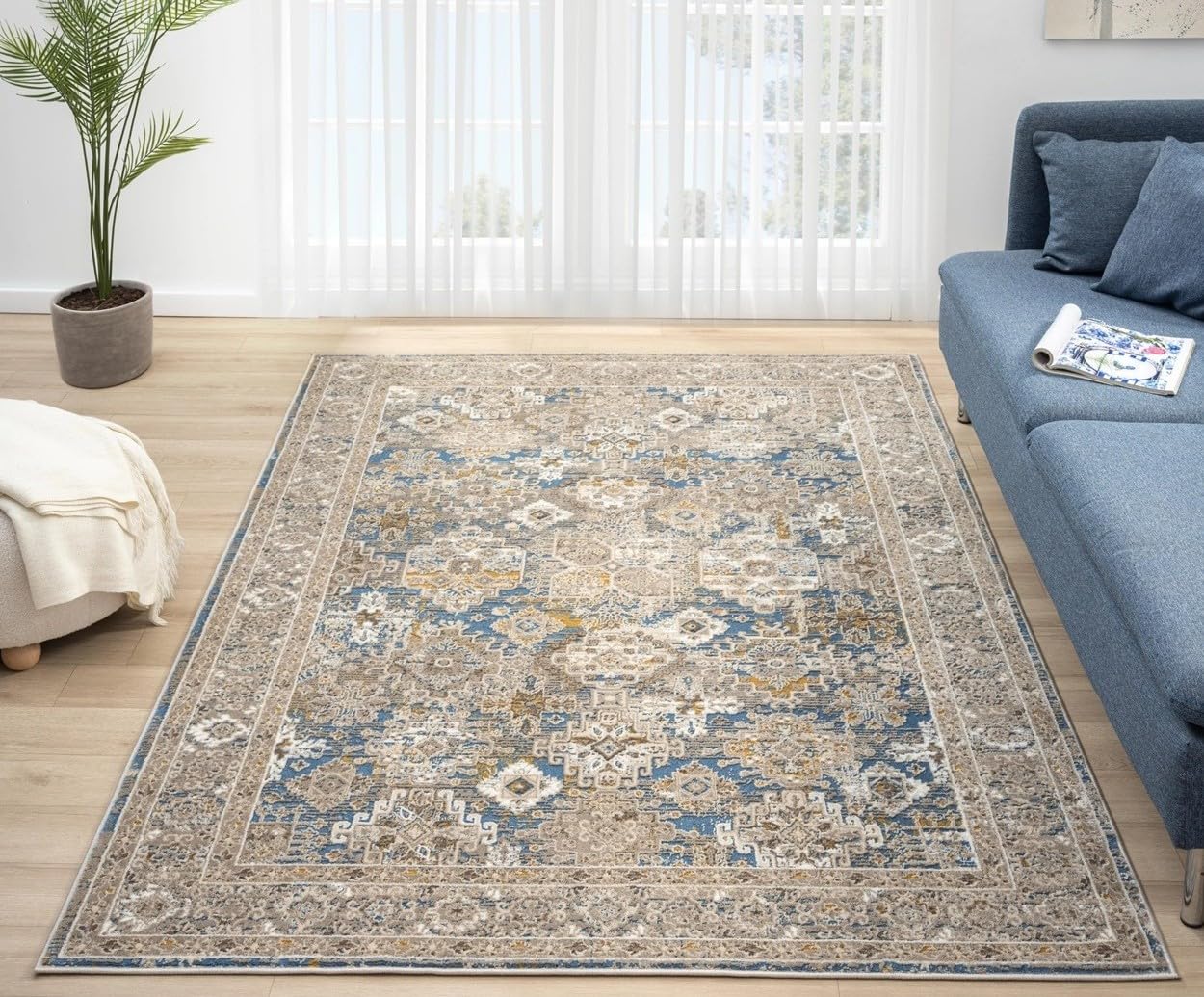 Lord of Rugs Traditional Vintage Rug for Dining Room, Living Room, Bedroom, Home Office, Kitchen Classic Bohomian Easy Care Rug Bordered Blue 550AG Medium 120x170 cm (4'x5'6")