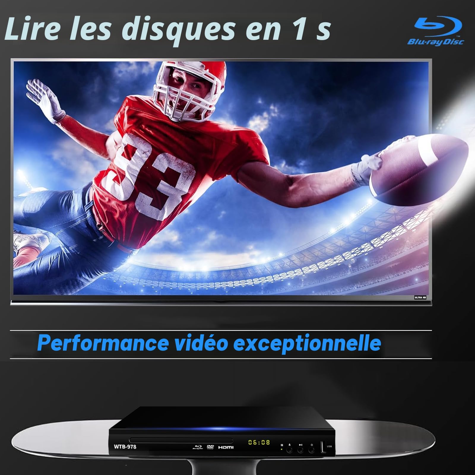 Lecteur DVD Blu-Ray Multimédia Dolby Audio Full HD 1080p HDMI Sortie AV Coaxiale Région B
