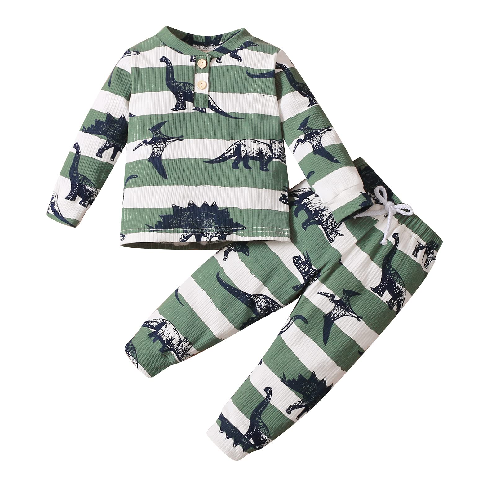 Infant Baby Boy Girl Dinosaur Clothes Set Animal Cotton Top Pants 2Pcs Toddler Outfits Unisex Baby Playwear (Button Down Green Long Sleeve Dinosaur Suit, 12-18 Months)