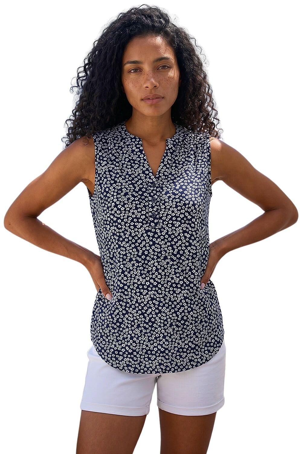 Roman Women's Navy Textured Floral Print V-Neck Stretch Top In | Size: 10