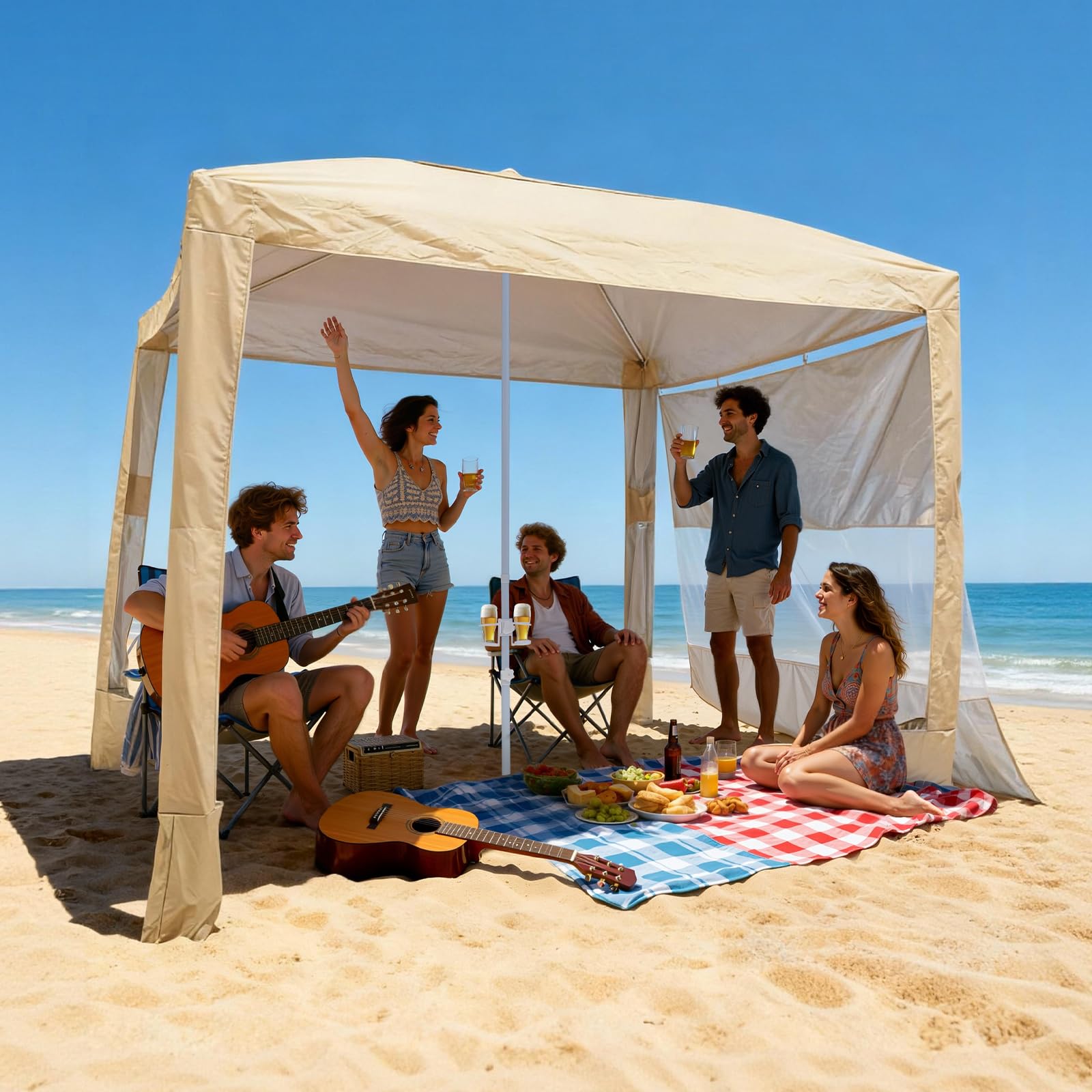 VEVOR Cabaña de Playa 2,4 x 2,4 m, con Pared Lateral, Protección Solar UPF 50+, Pabellón de Playa con Sacos de Arena, Sombrilla Portátil y Ajustable en Altura para Familiares y Amigos, Caqui
