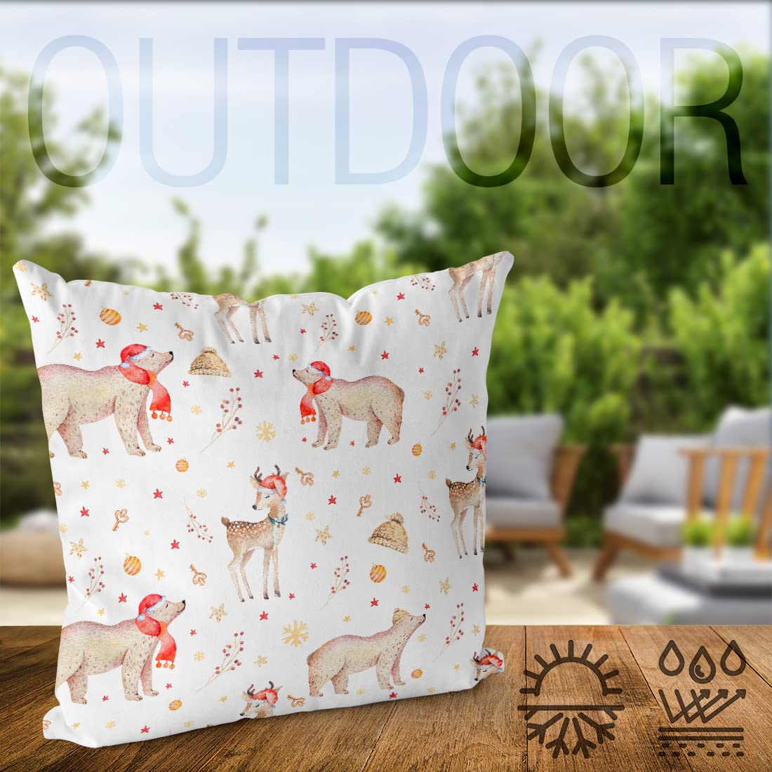 VOID Orso Cervo Natale Animali Natalizi Cuscini federe Poliestere Impermeabile per Uso Outdoor e Indoor, Kissen Size:60 x 60 cm